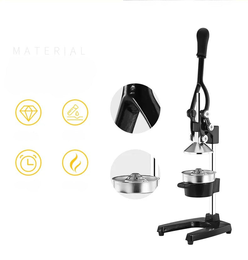 Manual press juicer with material icons on a white background