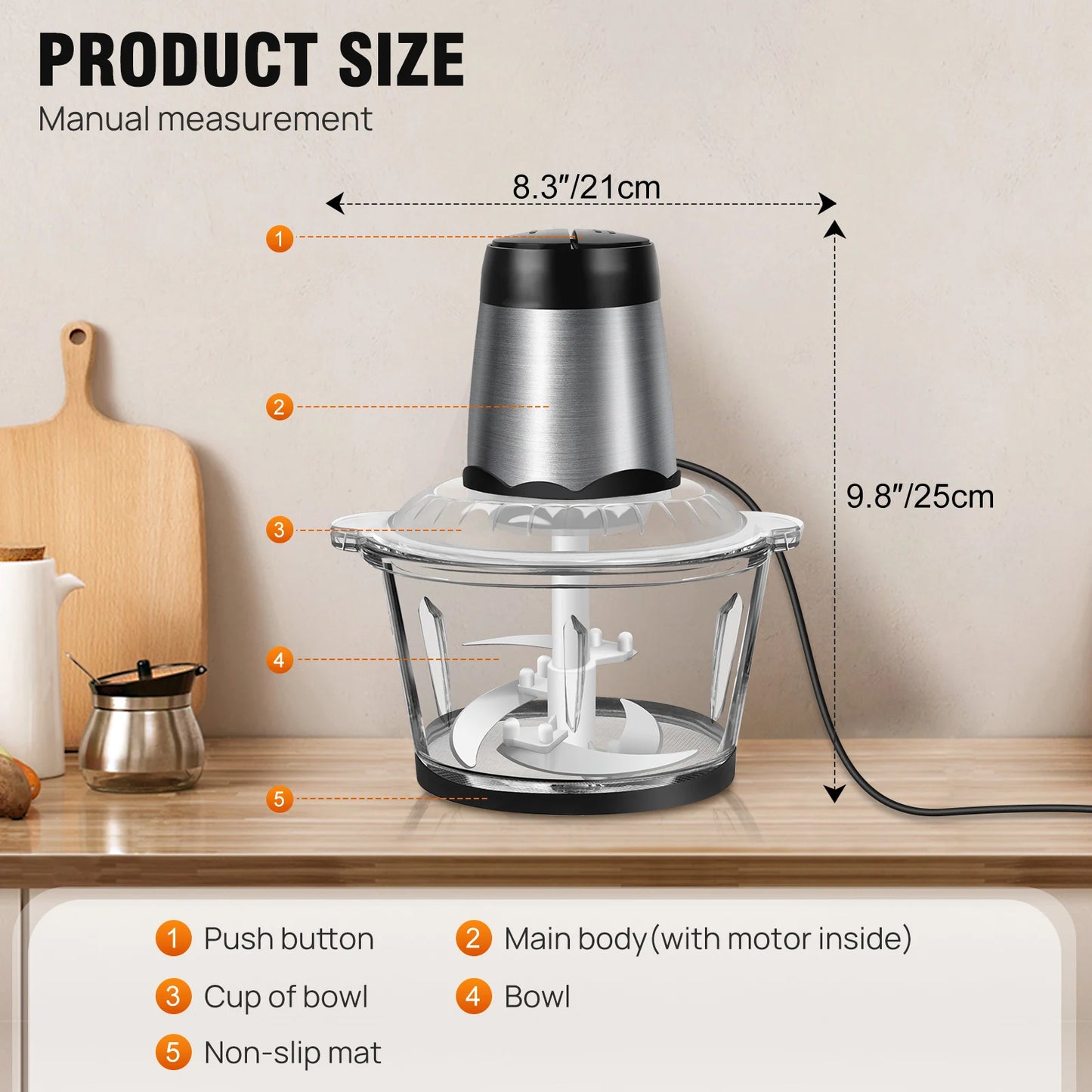 2L Electric Meat Grinder; Vegetable Chopper – 300W Food Processor with 2 Speeds, 4 Blades & Glass Bowl