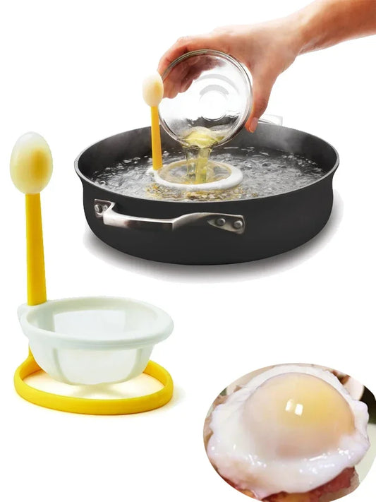 Woman using silicone egg poacher for breakfast."