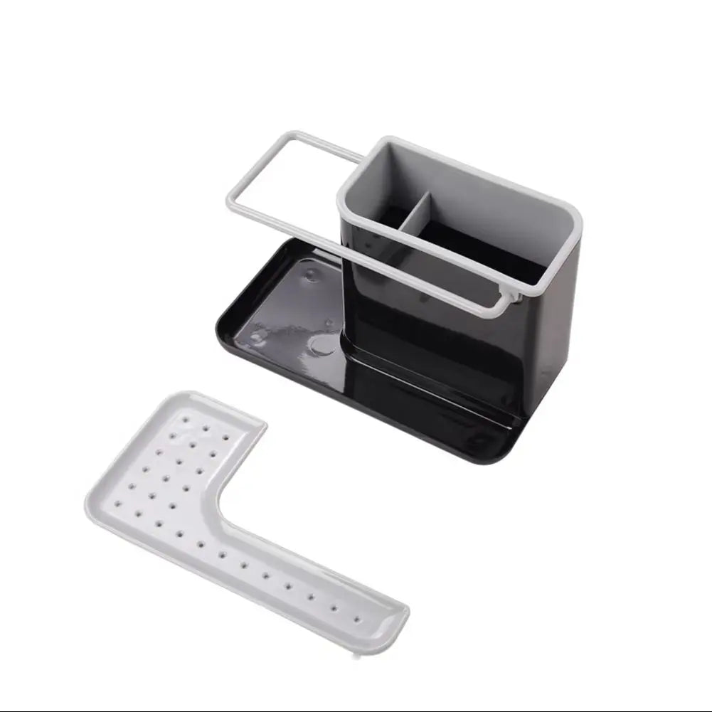 Gray cleaning caddy with a tray and scrubber on a white background
