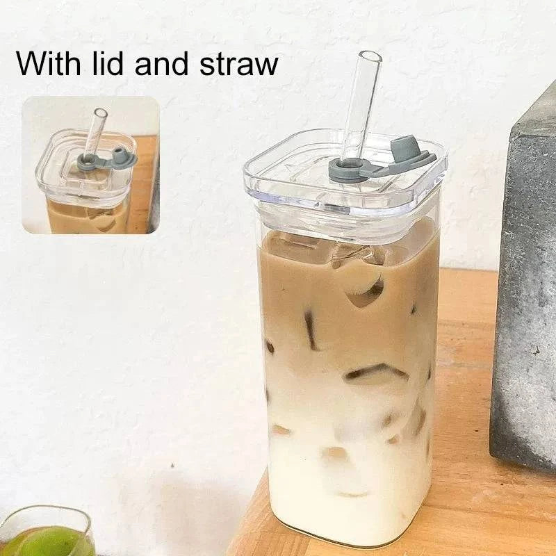 Square Heat Resistant Coffee Glass Cup with Lid and Straw - Cook Lux