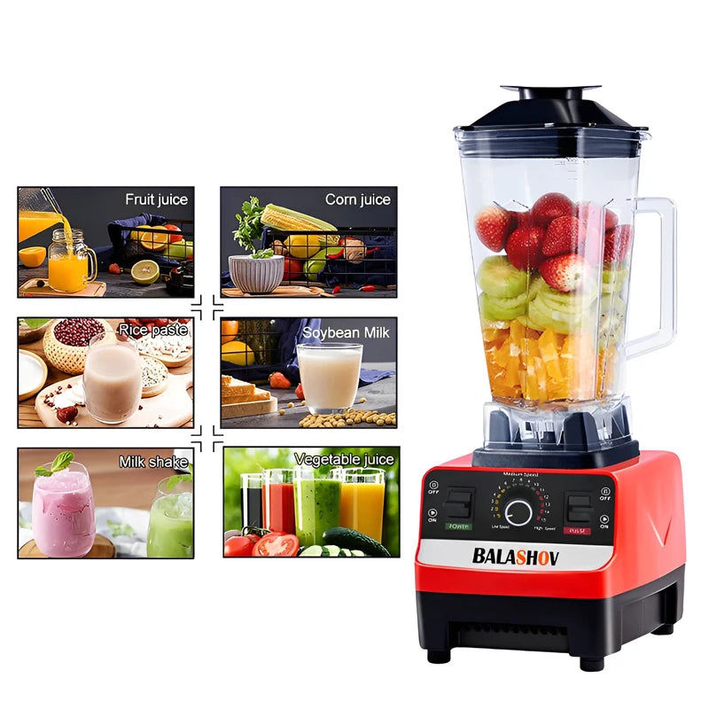 Blender with fruits and vegetables being blended, surrounded by images of various drinks.