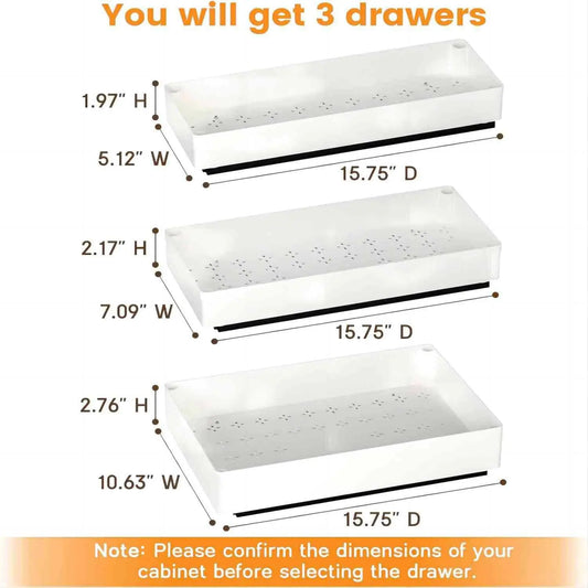 Dimensions of three white drawers with measurements on a white background