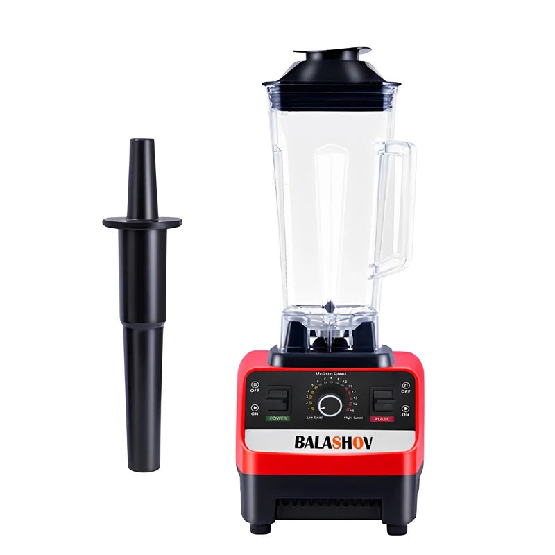 Blender with red base and clear container on a white background, featuring the Balashov brand.