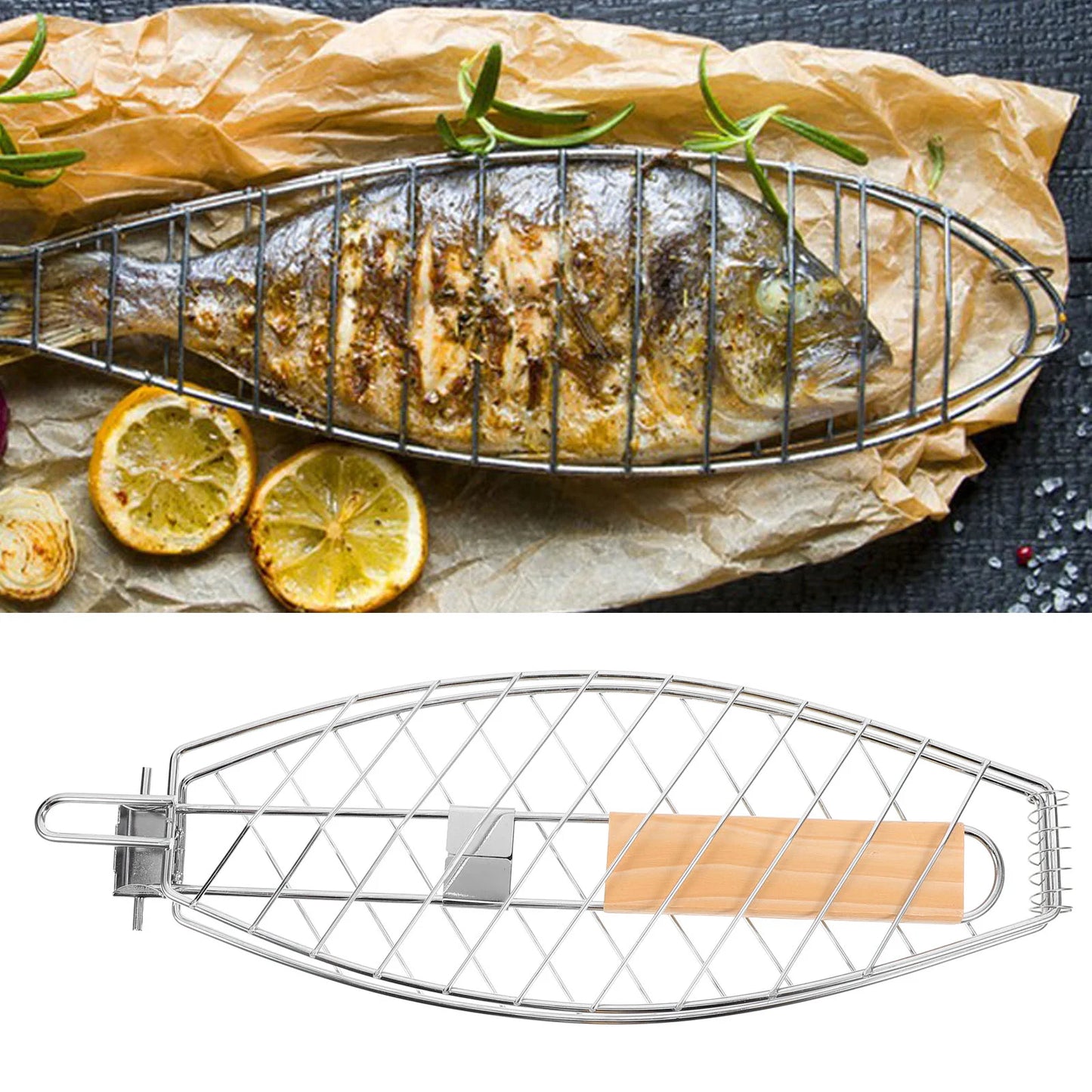 Professional folding stainless steel BBQ grill basket, premium build.