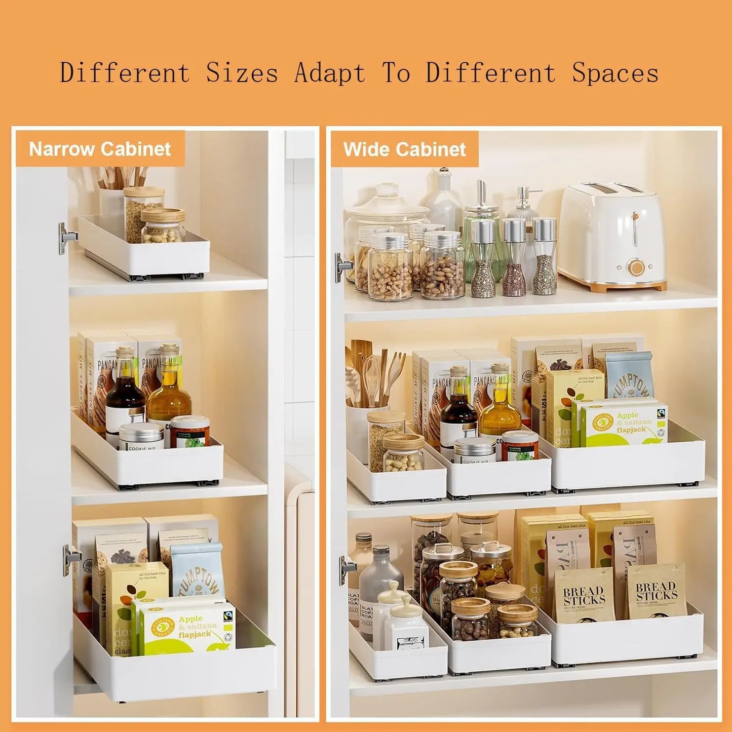 Two cabinet shelves with different sizes of storage bins and kitchen items.