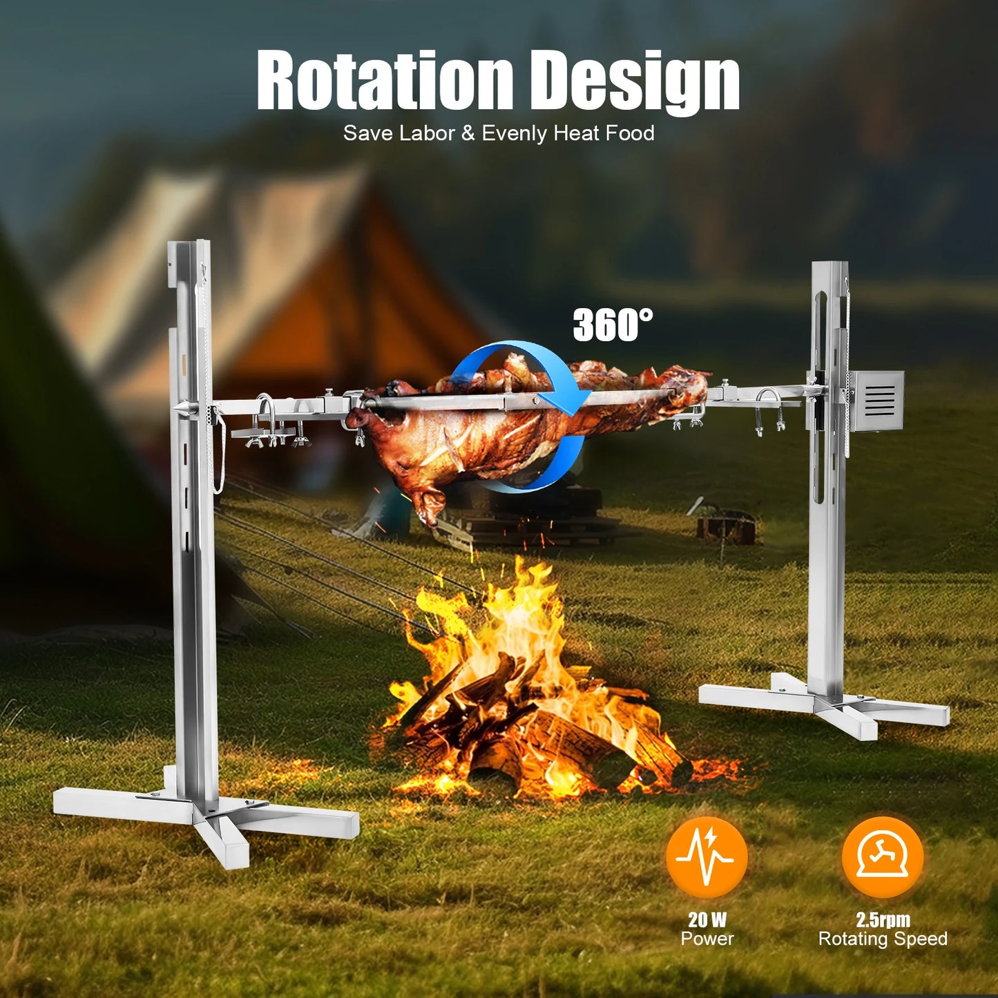 88lb capacity stainless steel rotisserie, roasting meat.