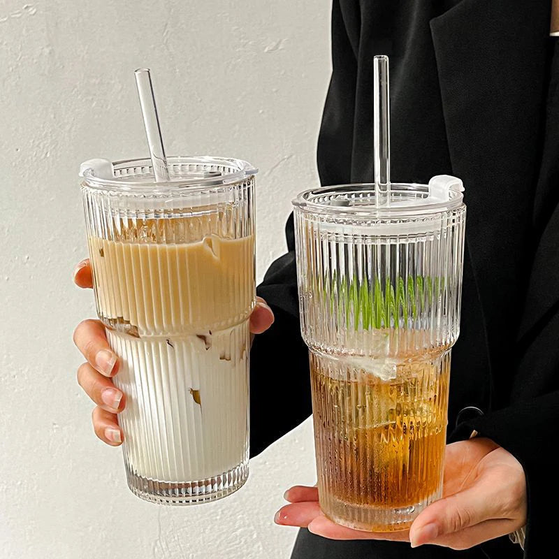 Reusable glass mug with straw and lid