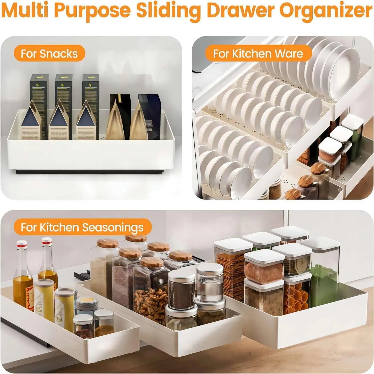 Multi-purpose sliding drawer organizer with examples for snacks, kitchenware, and kitchen seasonings.