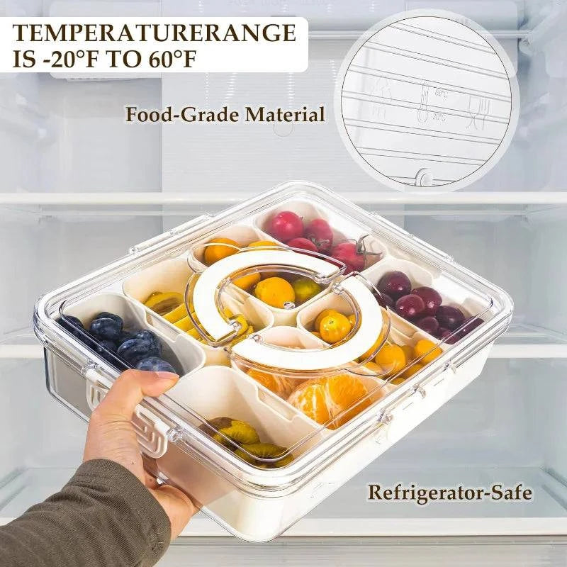 "Divided serving tray with lid and handle, perfect for snack organization"