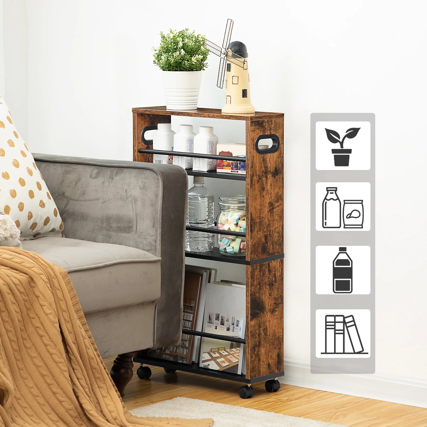 HOOBRO Narrow Serving Trolley, 45 x 15 x 80 cm, Kitchen Trolley with 4 Levels, Kitchen Shelf with 360° Rotating Wheels and Raili