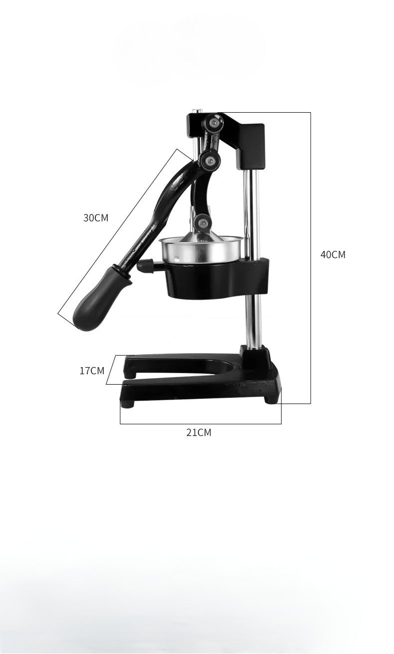 Black manual cold press juicer with dimensions labelled on a white background