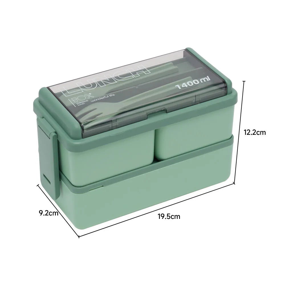 Green lunch box with dimensions labeled on a white background