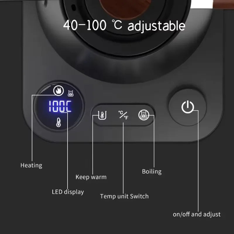 Control panel of a device with temperature adjustment features and LED display.