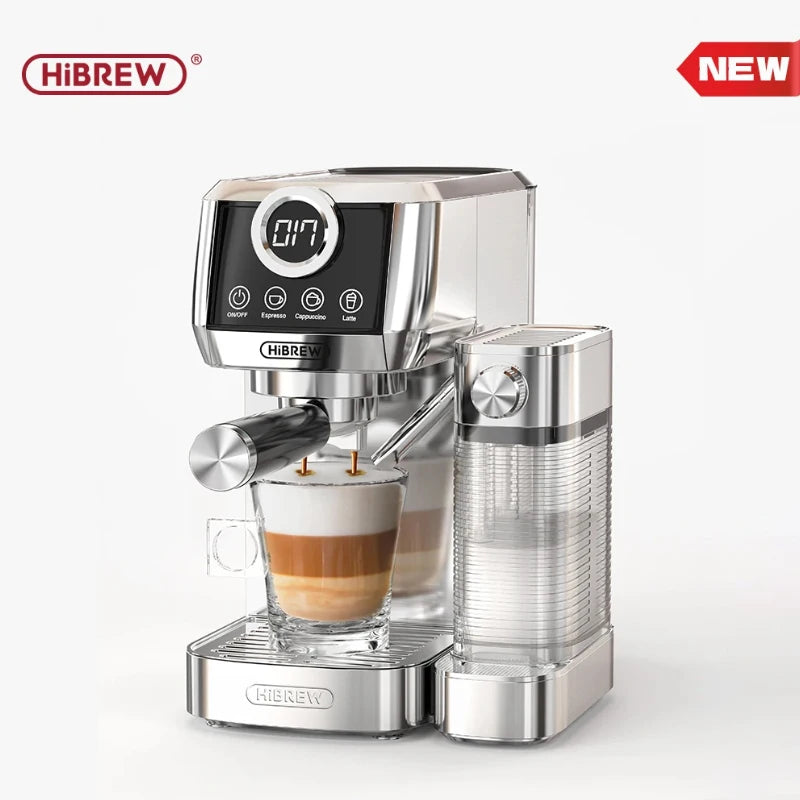Silver espresso machine with a cup of coffee, branded 'HIBREW', on a white background.