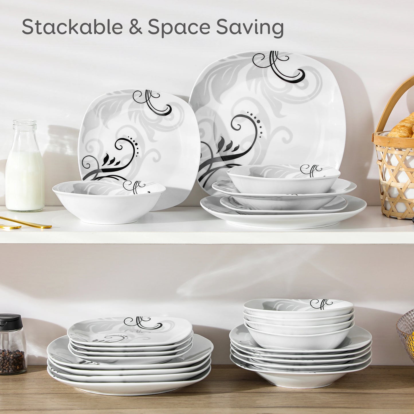 Stackable ceramic dinnerware set with decorative patterns on a white shelf.