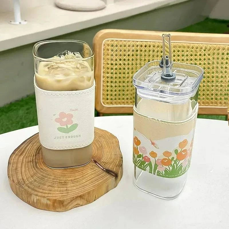 Square Heat Resistant Coffee Glass Cup with Lid and Straw - Cook Lux