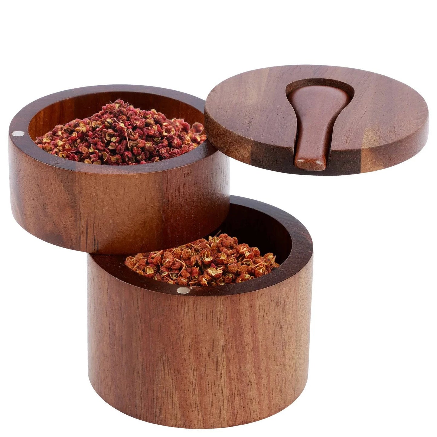 Compact 2-layer spice organizer with salt and pepper compartments