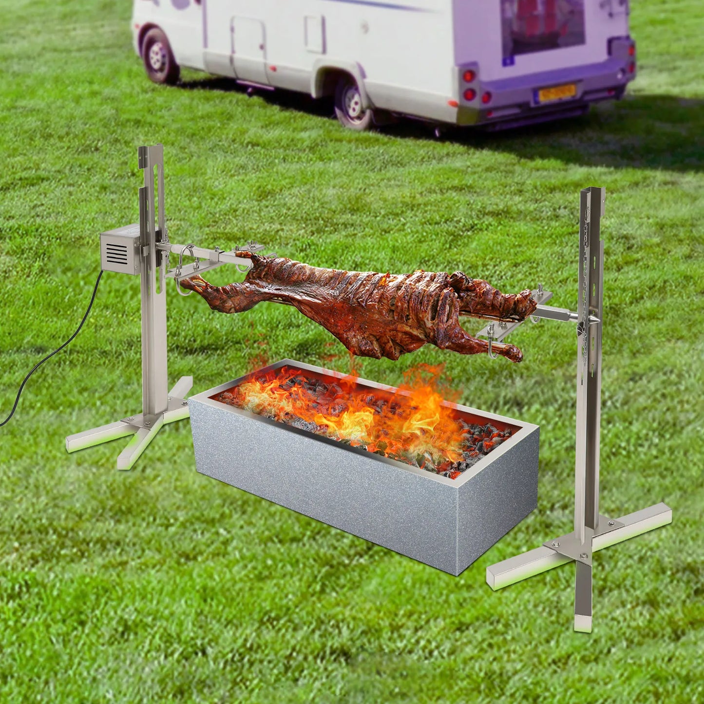 Heavy-duty electric BBQ rotisserie grill, stainless steel.