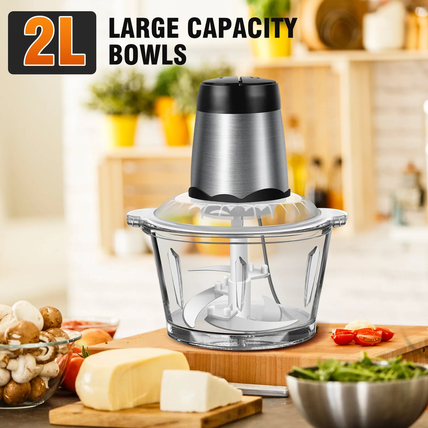 2L Electric Meat Grinder; Vegetable Chopper – 300W Food Processor with 2 Speeds, 4 Blades & Glass Bowl