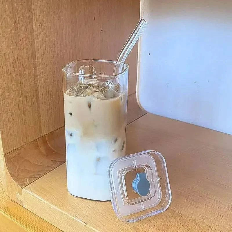 Square Heat Resistant Coffee Glass Cup with Lid and Straw - Cook Lux