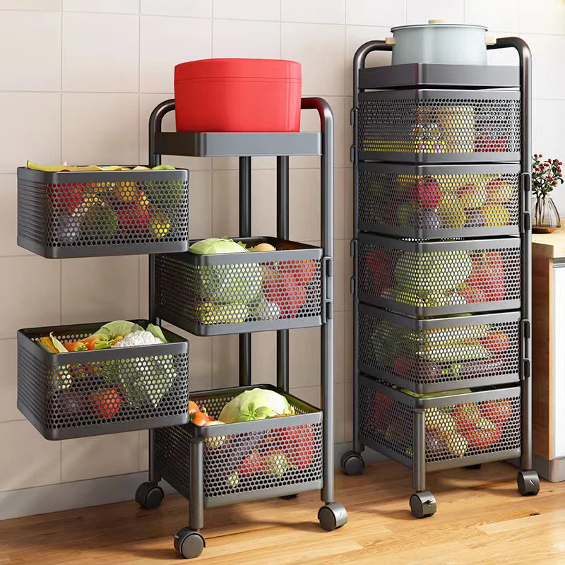 Storage trolley with mesh drawers containing fruits and vegetables in a kitchen setting.