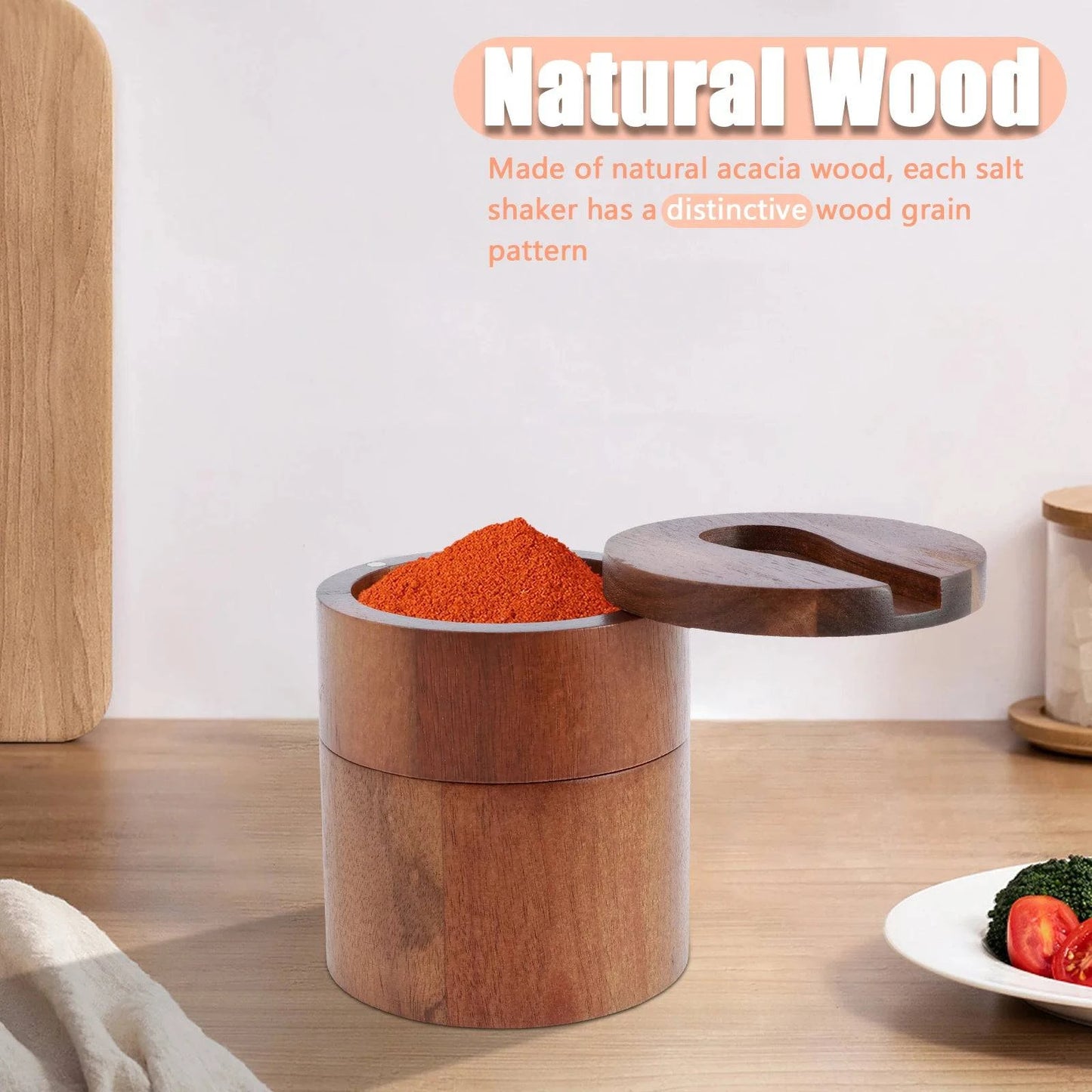 Elegant acacia salt and pepper bowl on a kitchen countertop
