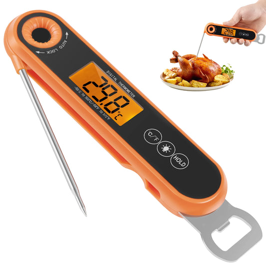 Digital meat thermometer in use over steak