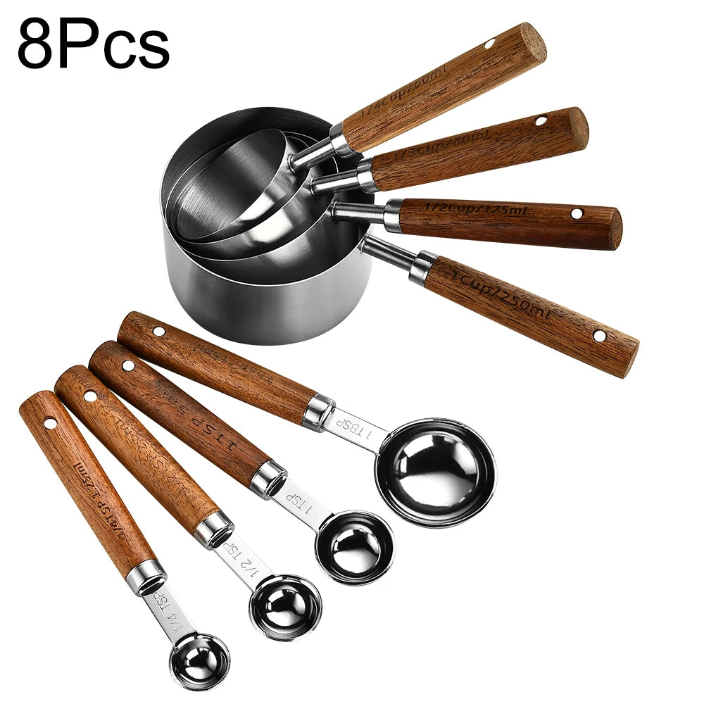 Chef-Grade Gold Wooden Handle Stainless Steel Measuring Cups & Spoons: The Ultimate Baking & Coffee Precision Set