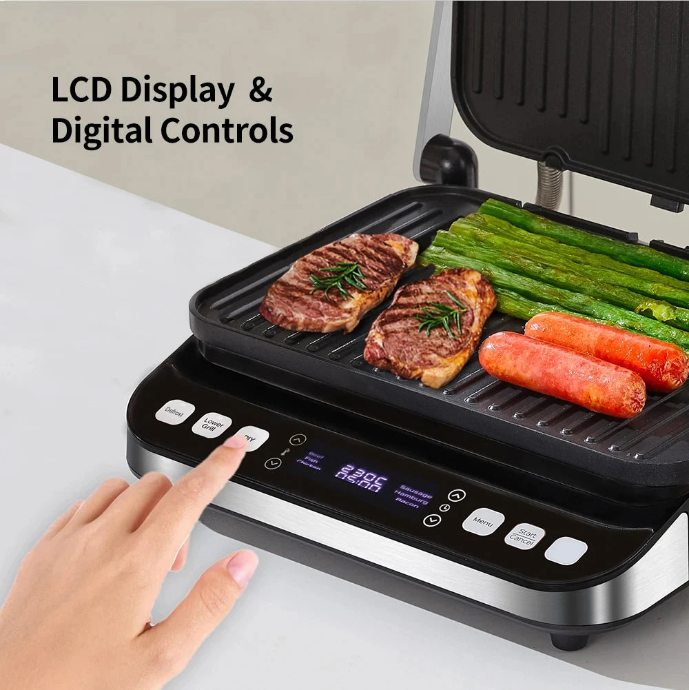 Multifunctional grill with digital controls and food being cooked on a light background