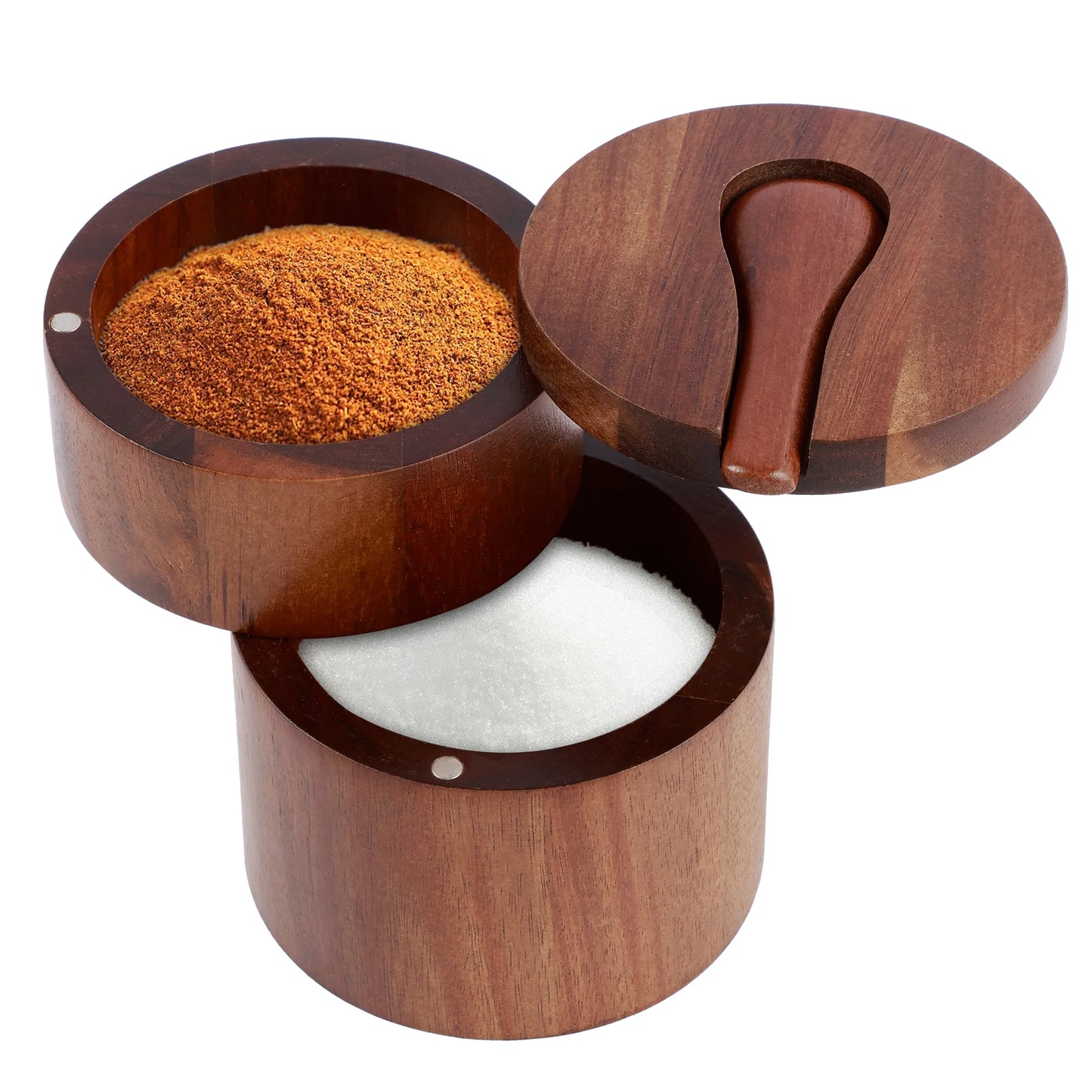 Acacia wood salt and pepper bowl with two-layer design and built-in spoons
