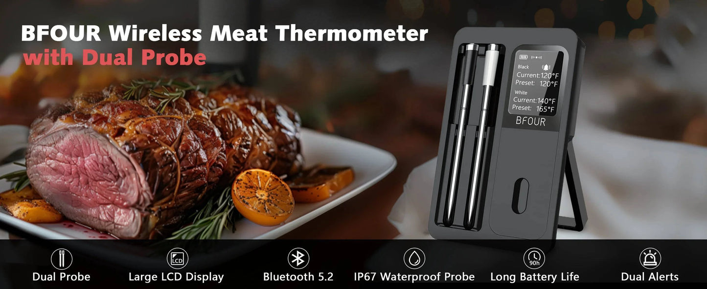 Wireless Bluetooth Meat Thermometer | Waterproof Probes, LCD Display & Rechargeable Battery for Grilling & BBQ Precision - Cook Lux