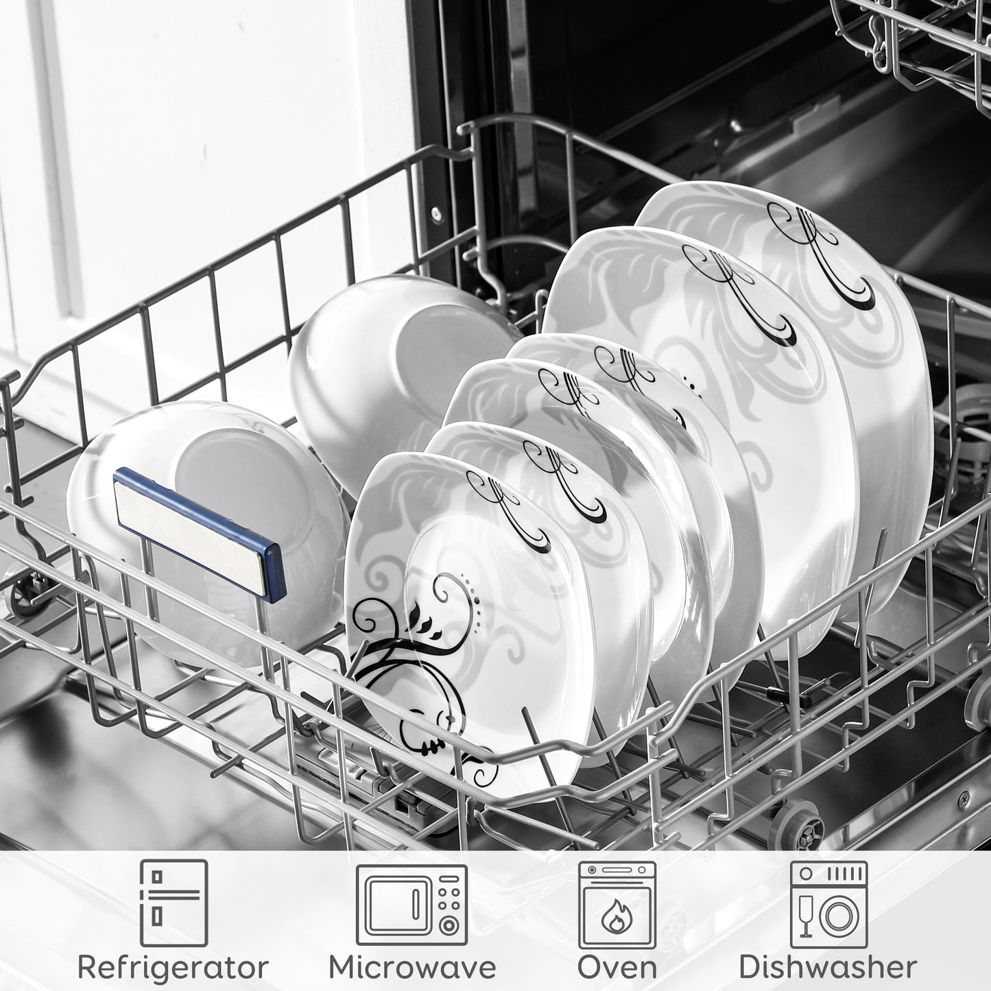 Dishwasher with stacked plates inside, with icons at the bottom for refrigerator, microwave, oven, and dishwasher.