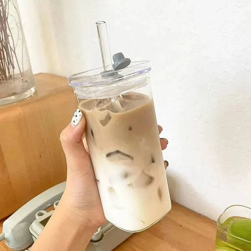 Square Heat Resistant Coffee Glass Cup with Lid and Straw - Cook Lux