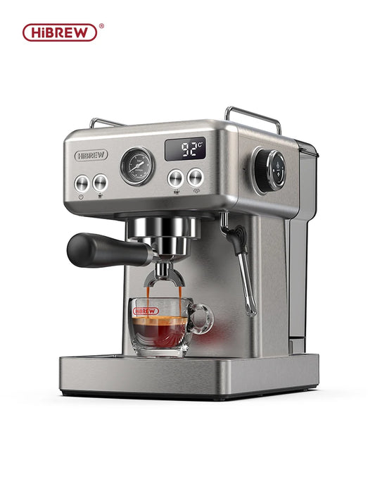 Silver espresso machine with a glass container of coffee on a white background, featuring the HIBREW brand.