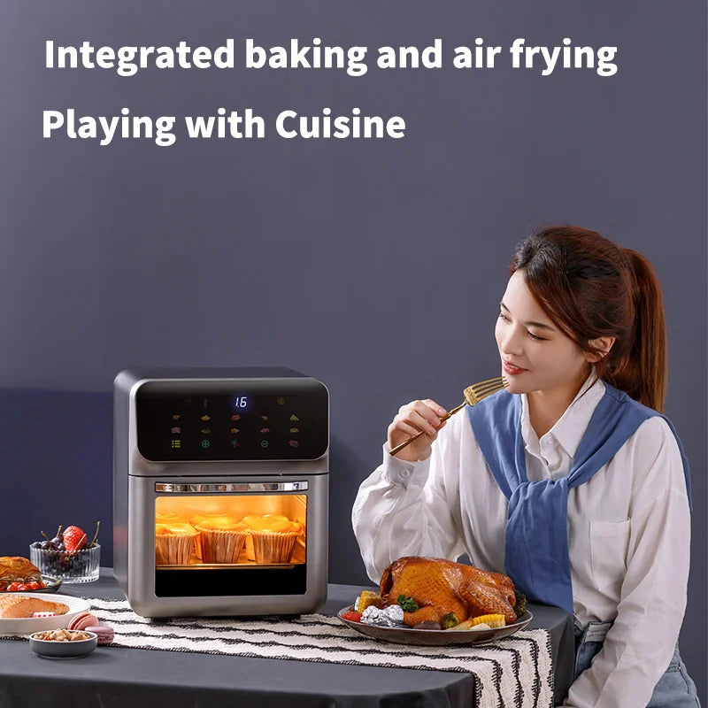 Gourmet family-size air fryer, visible window cooking.