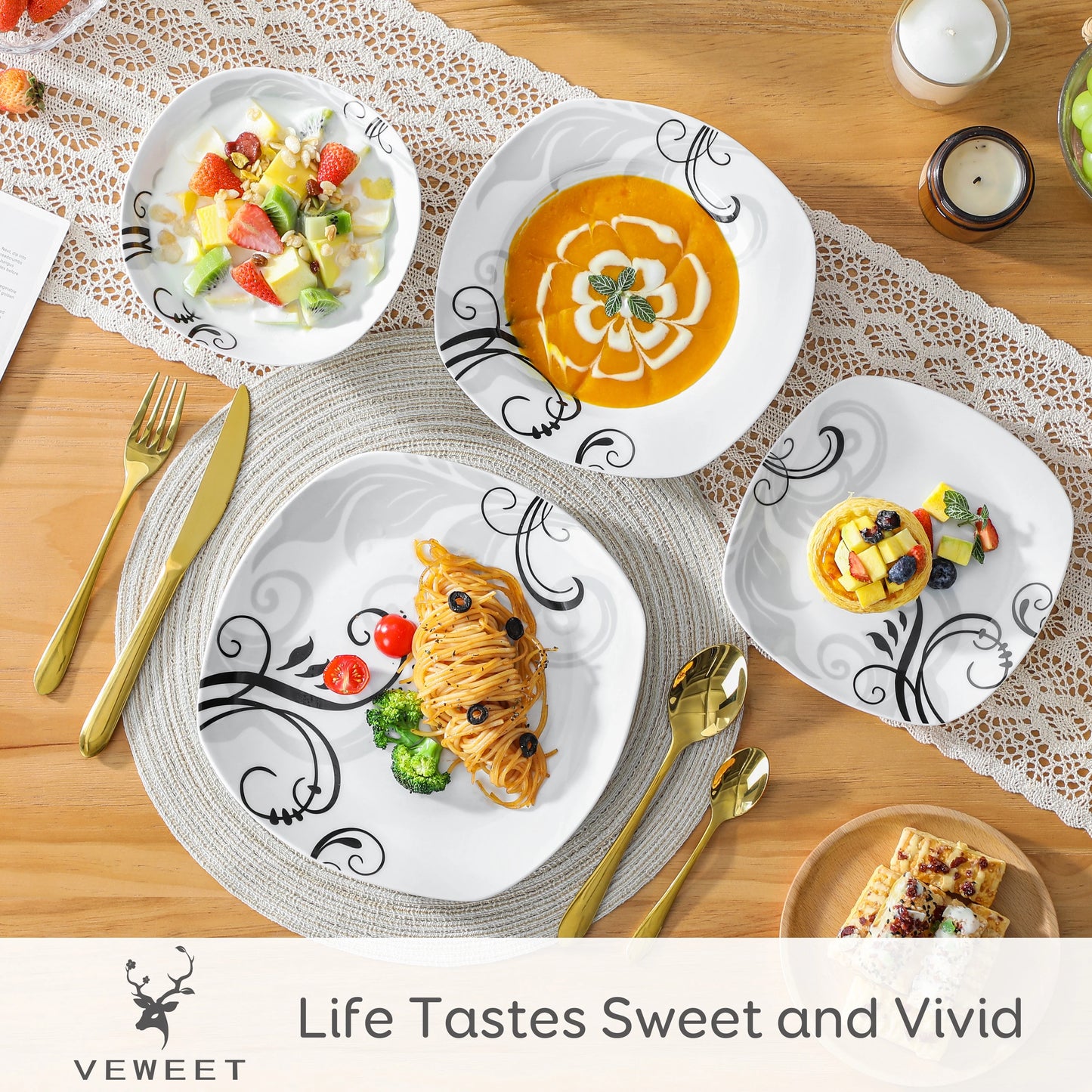 Diverse dishes including soup, salad, pasta, and dessert on a decorative table setting with 'VeeWet' branding.