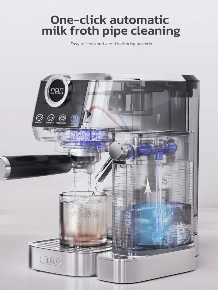 Espresso machine with milk froth pipe cleaning feature on a white background
