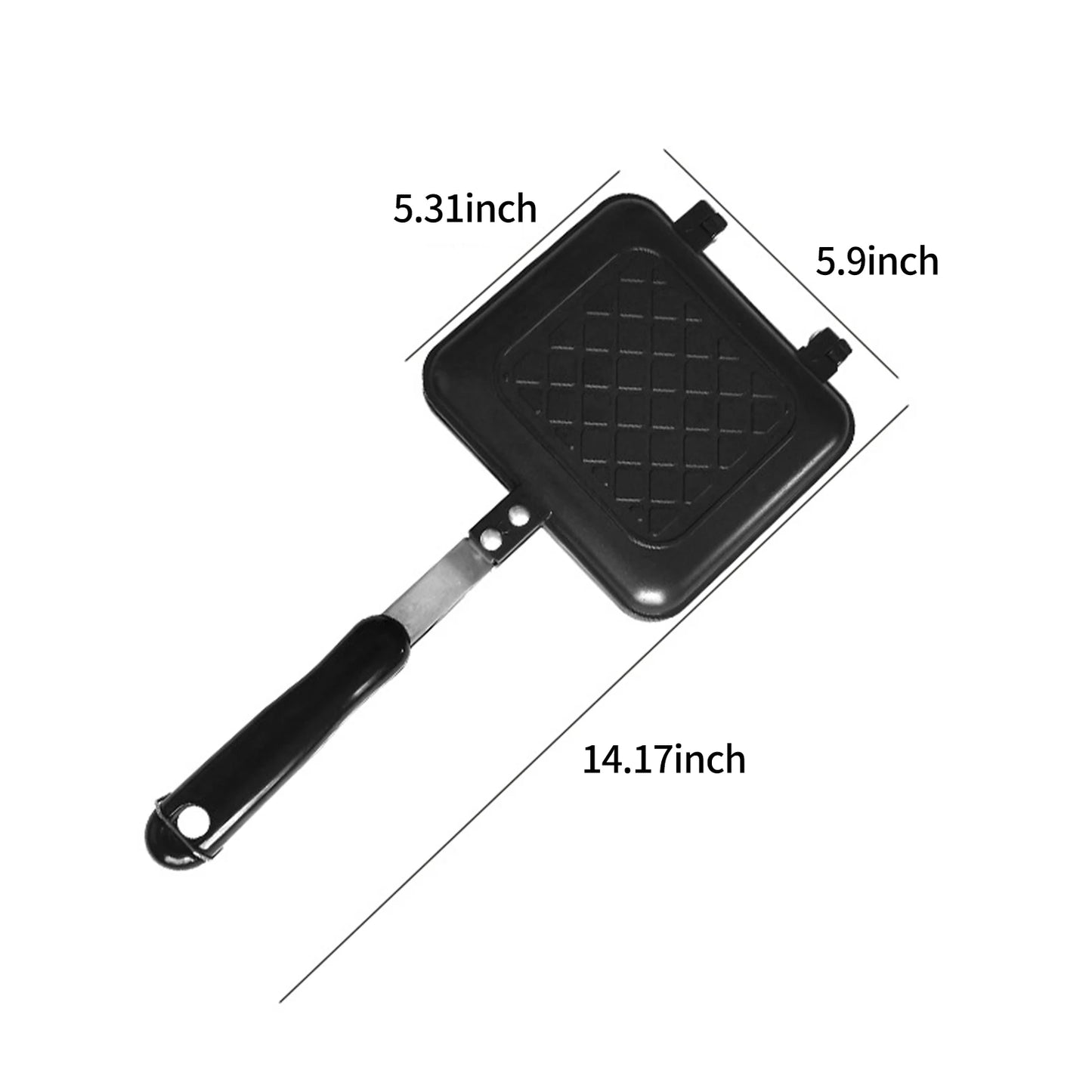 Black grill pan with measurements on a white background