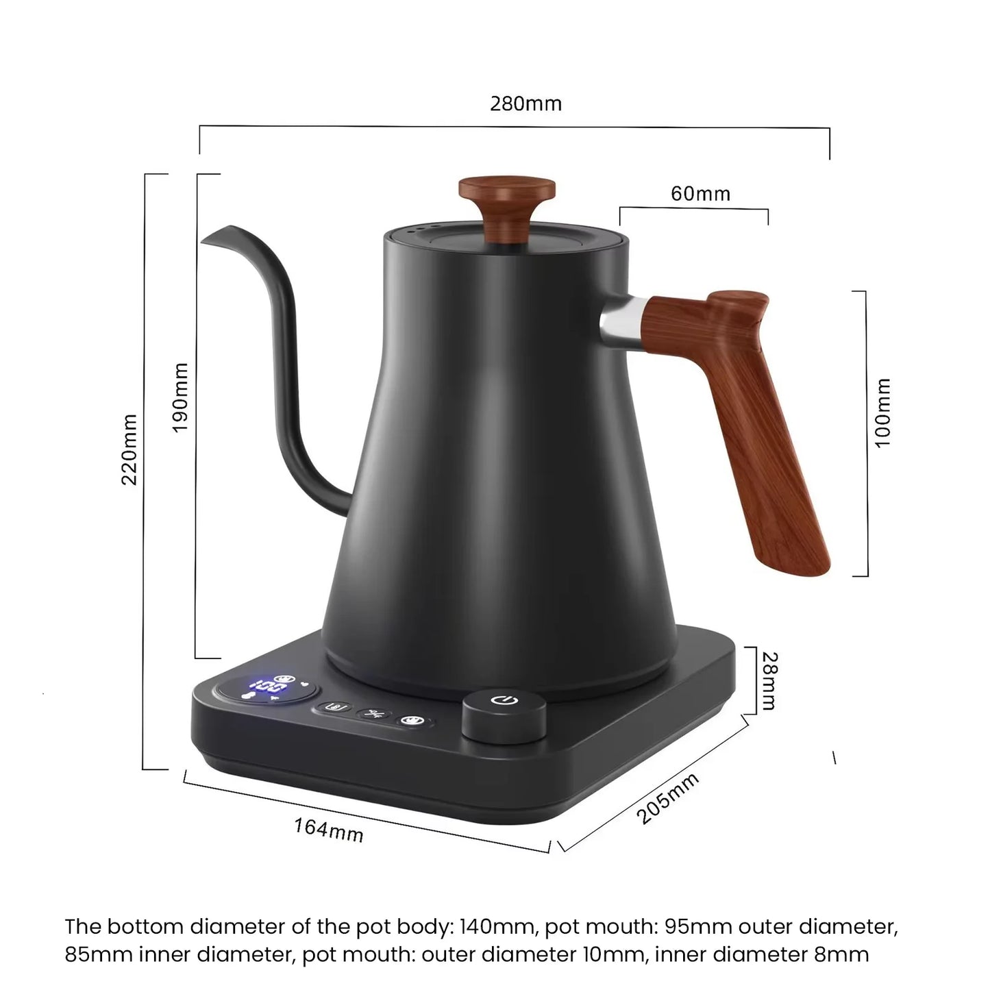 Black electric kettle with wooden handles and digital display, shown with dimensions on a white background.