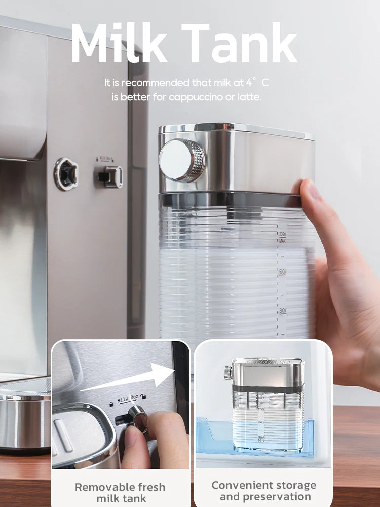 Milk tank with a hand holding it, showing its removable design and storage capabilities.
