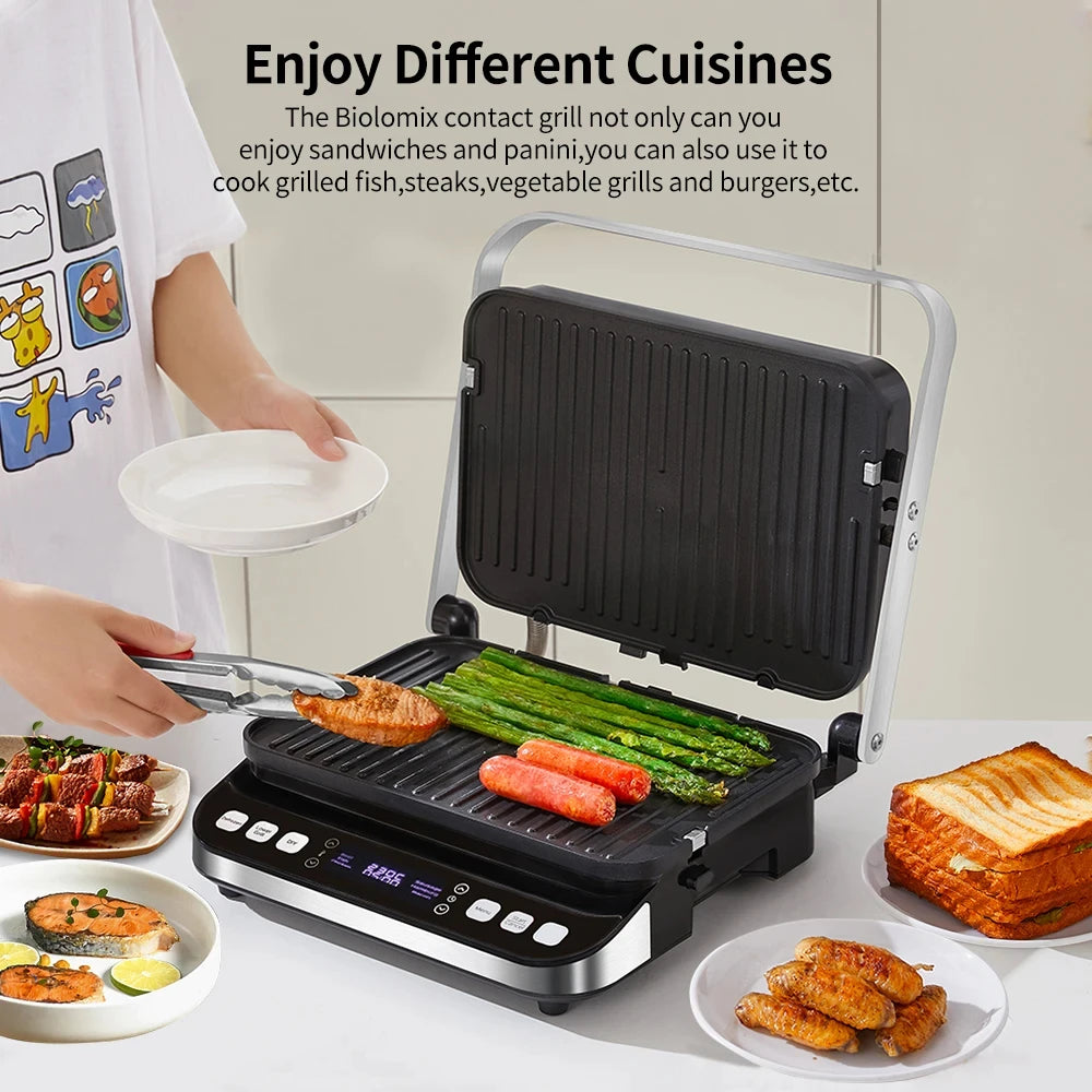 Contact grill with various food items on a white surface, with text about its versatility.