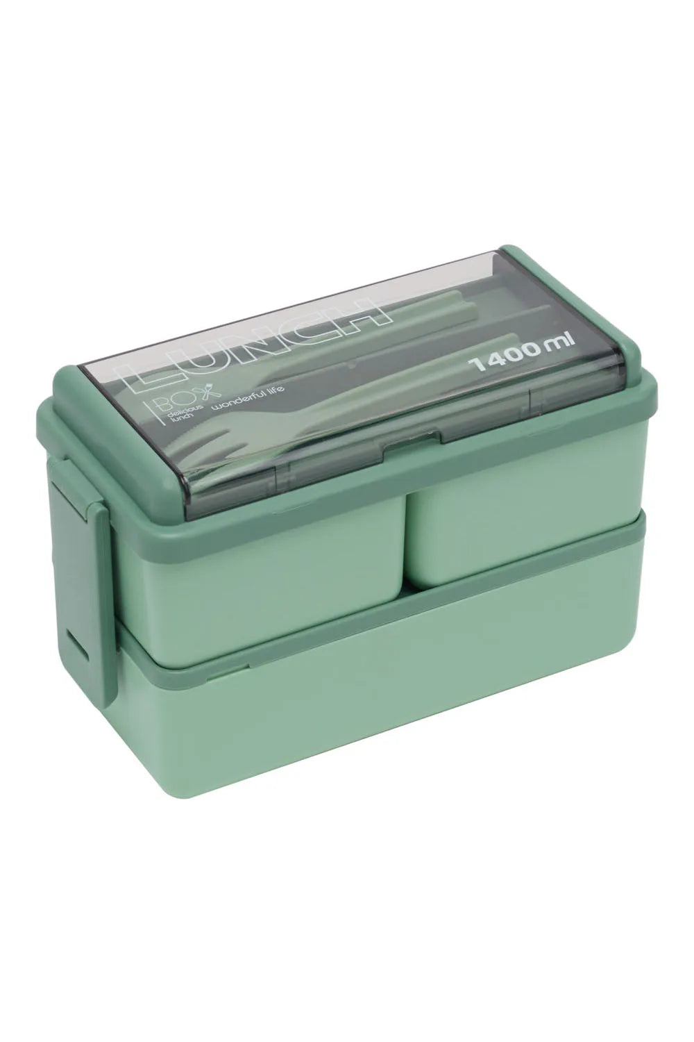 Green plastic container with a gray lid on a white background