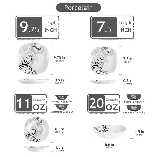Measurement chart for porcelain plates with dimensions and capacities.