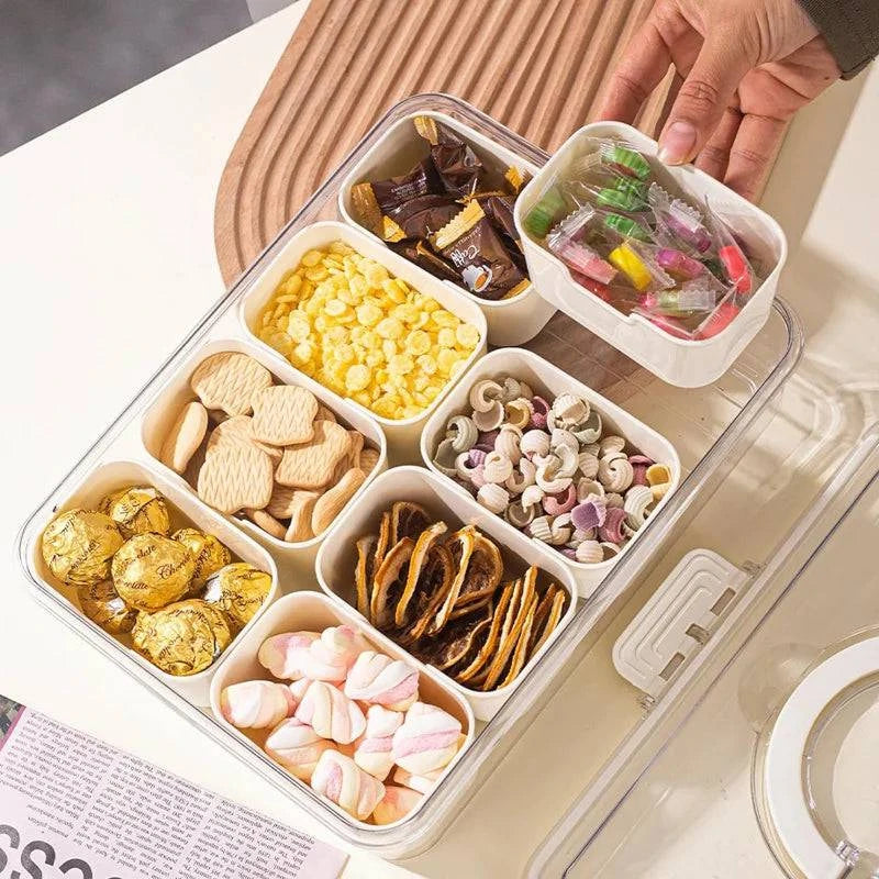 "Snack tray with secure lid and multiple compartments for gatherings"