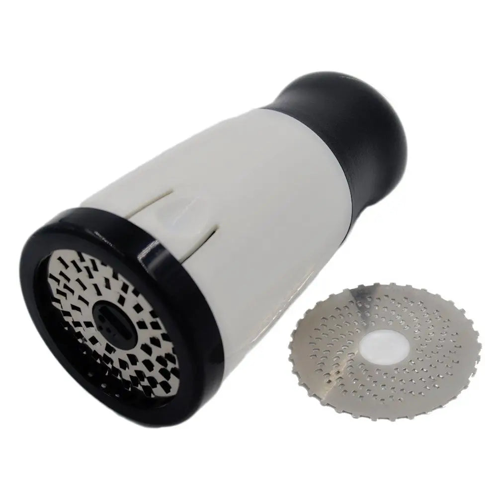 Precision herb grinder mill kitchen tool, close-up of stainless steel construction.