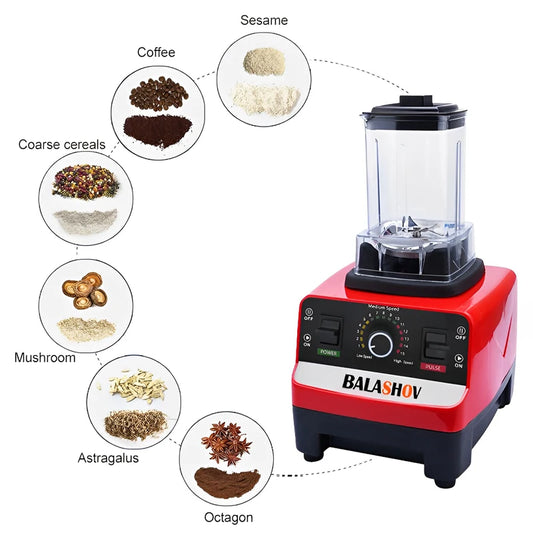 Red blender with various food items depicted on a white background