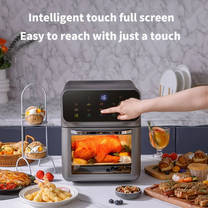 Gourmet family-size air fryer, visible window cooking.