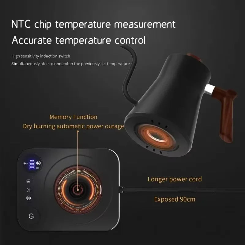 Black temperature control device with text on NTC chip temperature measurement and features.