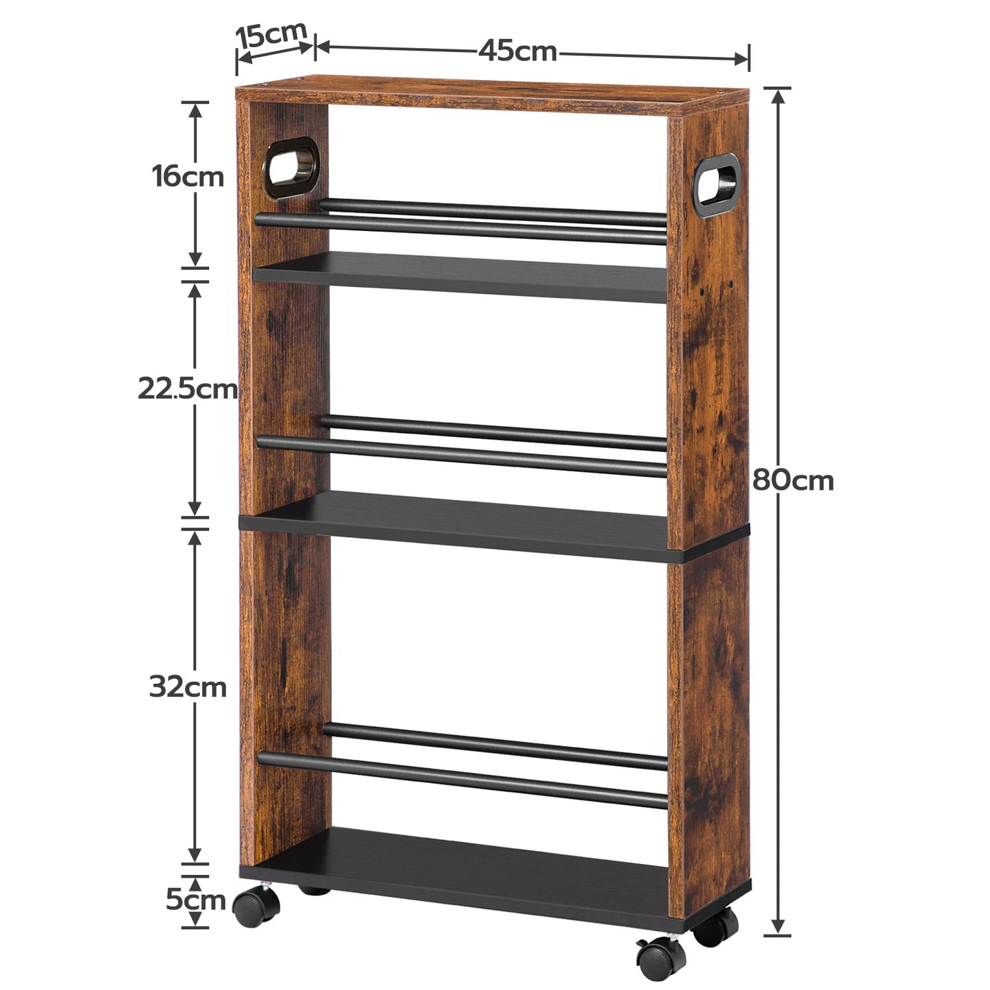 HOOBRO Narrow Serving Trolley, 45 x 15 x 80 cm, Kitchen Trolley with 4 Levels, Kitchen Shelf with 360° Rotating Wheels and Raili